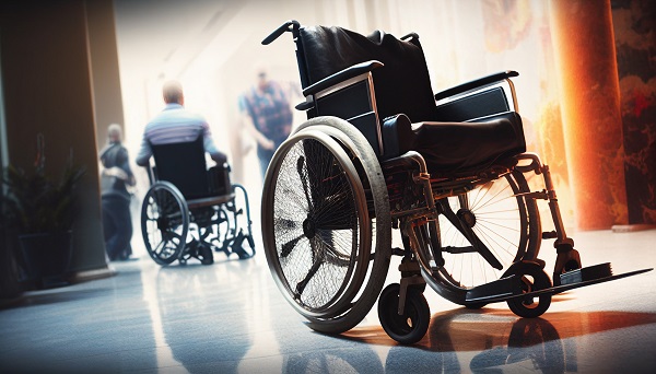 Empty wheelchair inside a nursing facility with other residents in the background, also in wheelchairs.