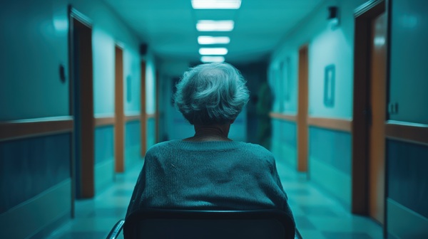 Elderly person in a wheelchair sitting alone in an empty nursing facility hallway.