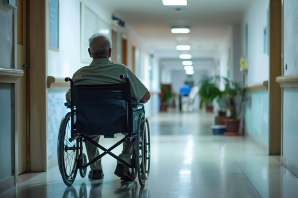 Elderly man in a wheelchair moving down a brightly lit nursing home hallway with plants and open doors along the corridor.