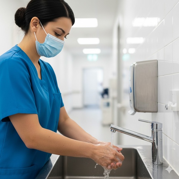 A female healthcare worker in blue scrubs and a face mask thoroughly washing her hands under running water in a stainless steel sink in a brightly lit hallway.