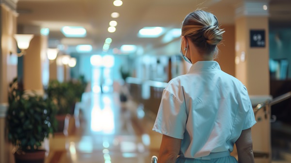 A nursing home staff member in scrubs, seen from behind, walking down a long, brightly lit hallway in an Alabama nursing facility.
