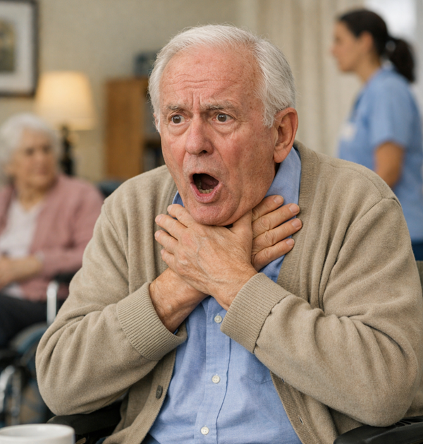 An elderly man in a beige cardigan sits in a wheelchair, wide-eyed and clutching his throat with both hands. In the blurred background, another resident and a staff member in blue scrubs are visible.