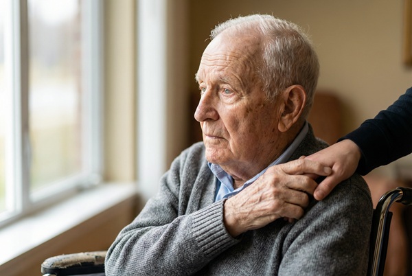 An elderly man in a wheelchair looking out a nursing home window in Alabama with a somber expression while a visiting family member places a supportive hand on his shoulder.