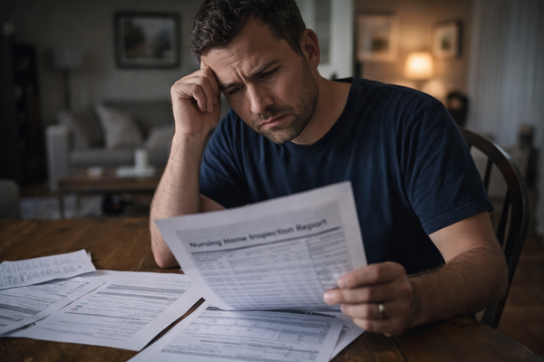 A concerned man sitting at a table and reviewing a document titled "Nursing Home Inspection Report," illustrating the process of how to read nursing home reports in Alabama to evaluate facility safety.