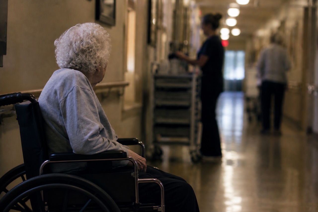 An elderly person with curly white hair sitting in a wheelchair in the foreground, facing down a dimly lit Alabama nursing home corridor toward a blurred nurse standing by a medical cart.