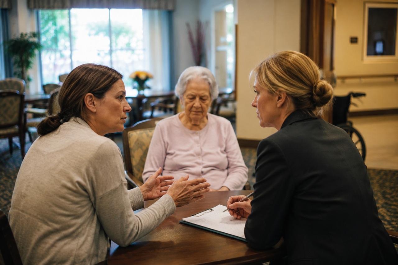 A concerned woman gestures with her hands as she speaks across a table to a female nursing home administrator holding a pen over a clipboard, while an elderly resident sits quietly between them in the background of a senior living care facility common area.