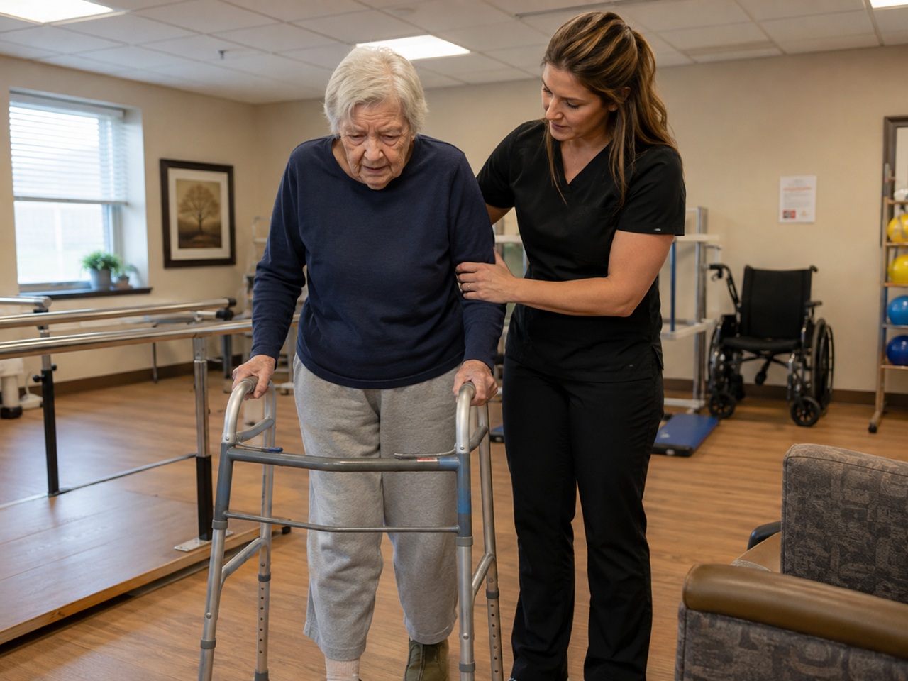 A nursing home therapist assisting an elderly resident with a walker during a physical therapy session in Alabama, illustrating the care residents may be denied when facilities skip required therapy.