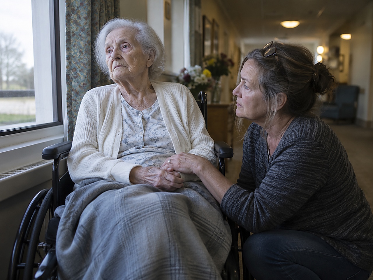 Elderly woman sitting in a wheelchair by a nursing home window while her concerned adult daughter kneels beside her and holds her hand.