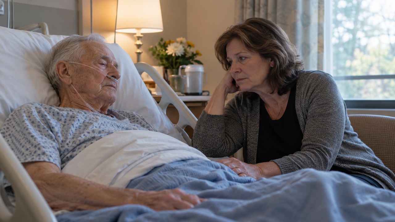 Concerned adult daughter sitting beside her elderly father’s nursing home bed while he wears a nasal oxygen cannula.